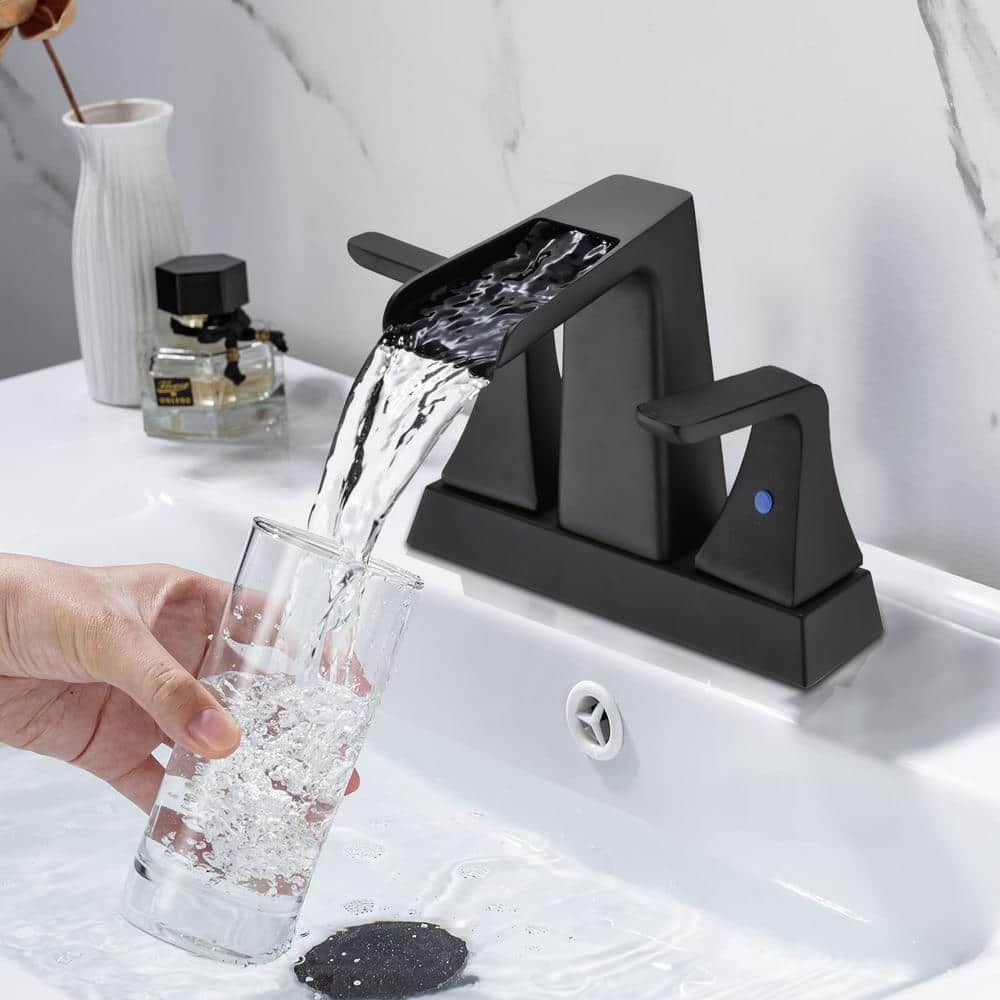 4 In. Centerset Double-Handle Wide Waterfall Spout Bathroom Faucet In Matte Black