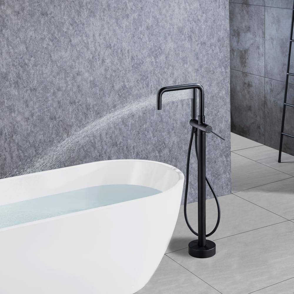 1-Handle Freestanding Tub Faucet With Hand Shower With Waterfall In Matte Black