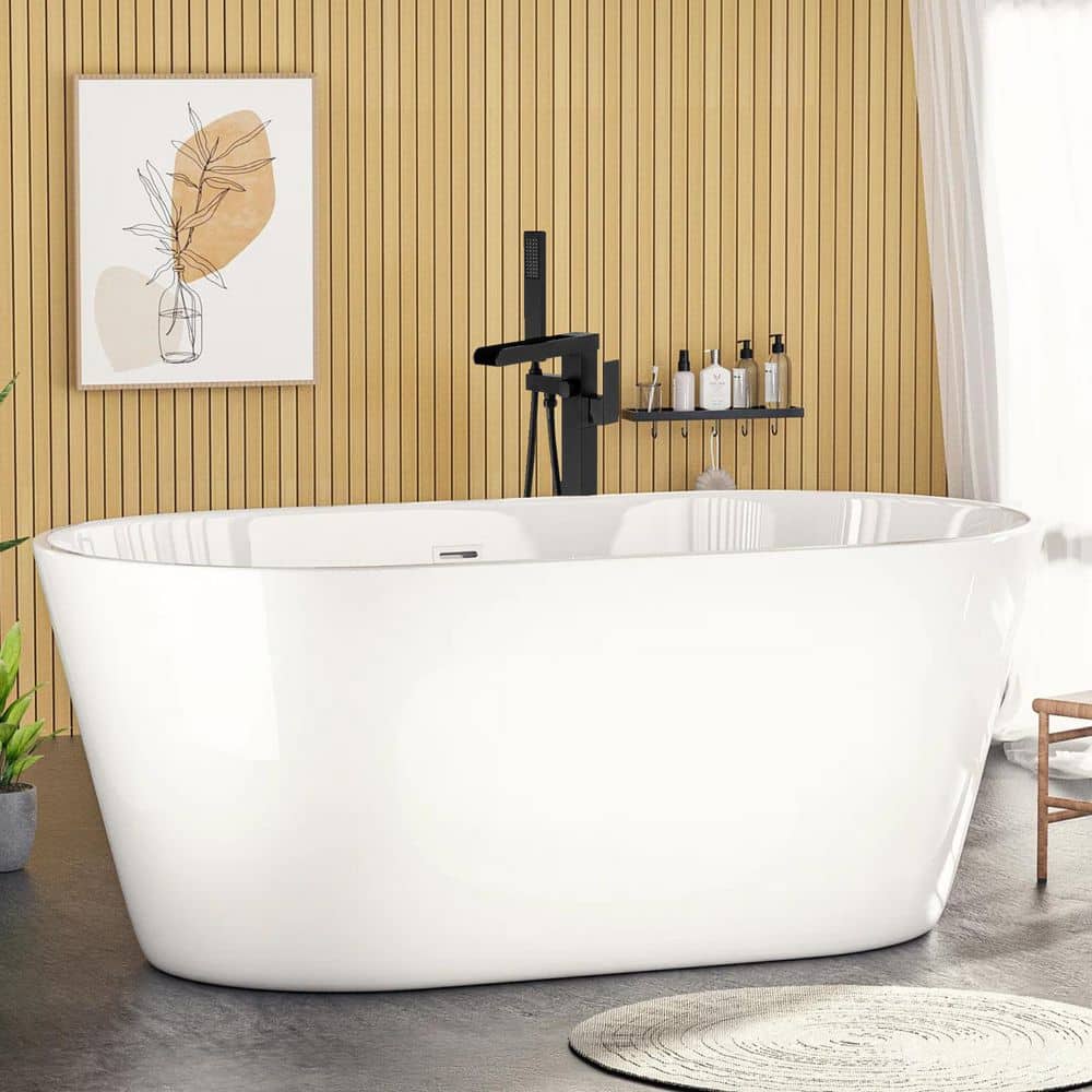 1-Handle Swivel Spout Freestanding Waterfall Tub Filler With Hand Shower In Matte Black