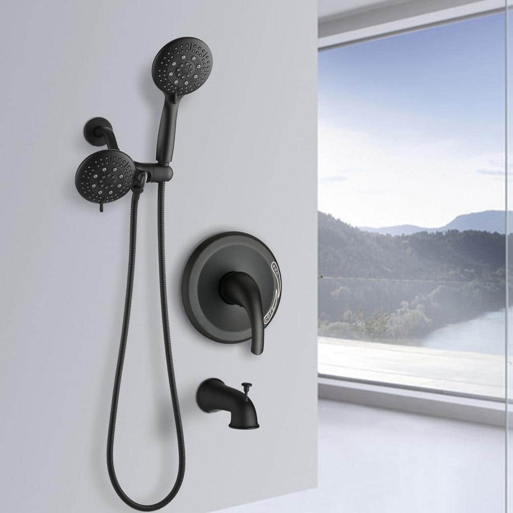 Single Handle 7 Function Rain Freestanding Tub Faucet With Handheld Shower In Matte Black