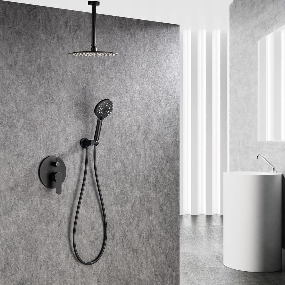 3-Spray Patterns With 2.5 GPM 12 In. Ceiling Mounted Dual Shower Heads Shower System Mix Set In Matte Black