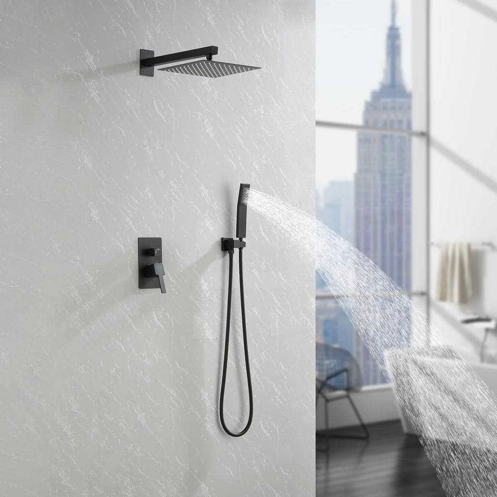 2-Spray Patterns Square Wall Mount Rain Dual Shower Heads With Hand Shower 1.5 Gpm In Matte Black