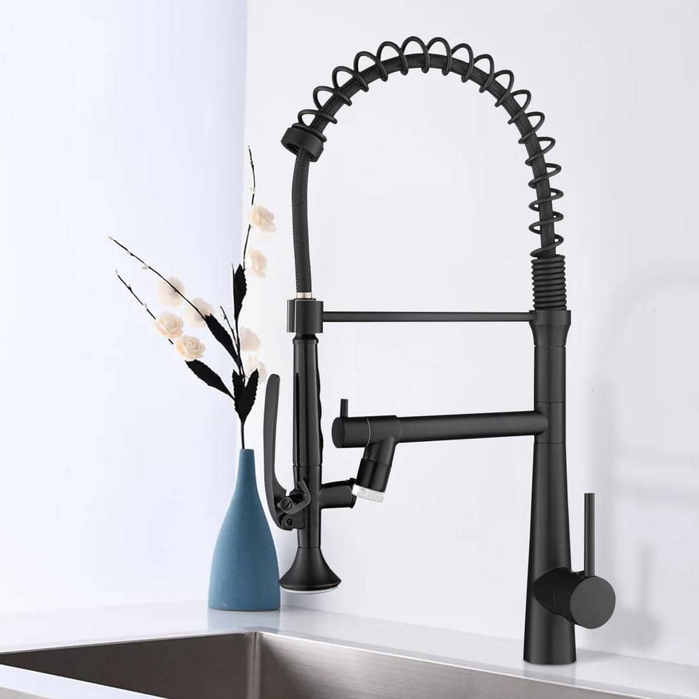 Single Handle Deck Mount Pull Down Sprayer Kitchen Faucet With LED In Matte Black