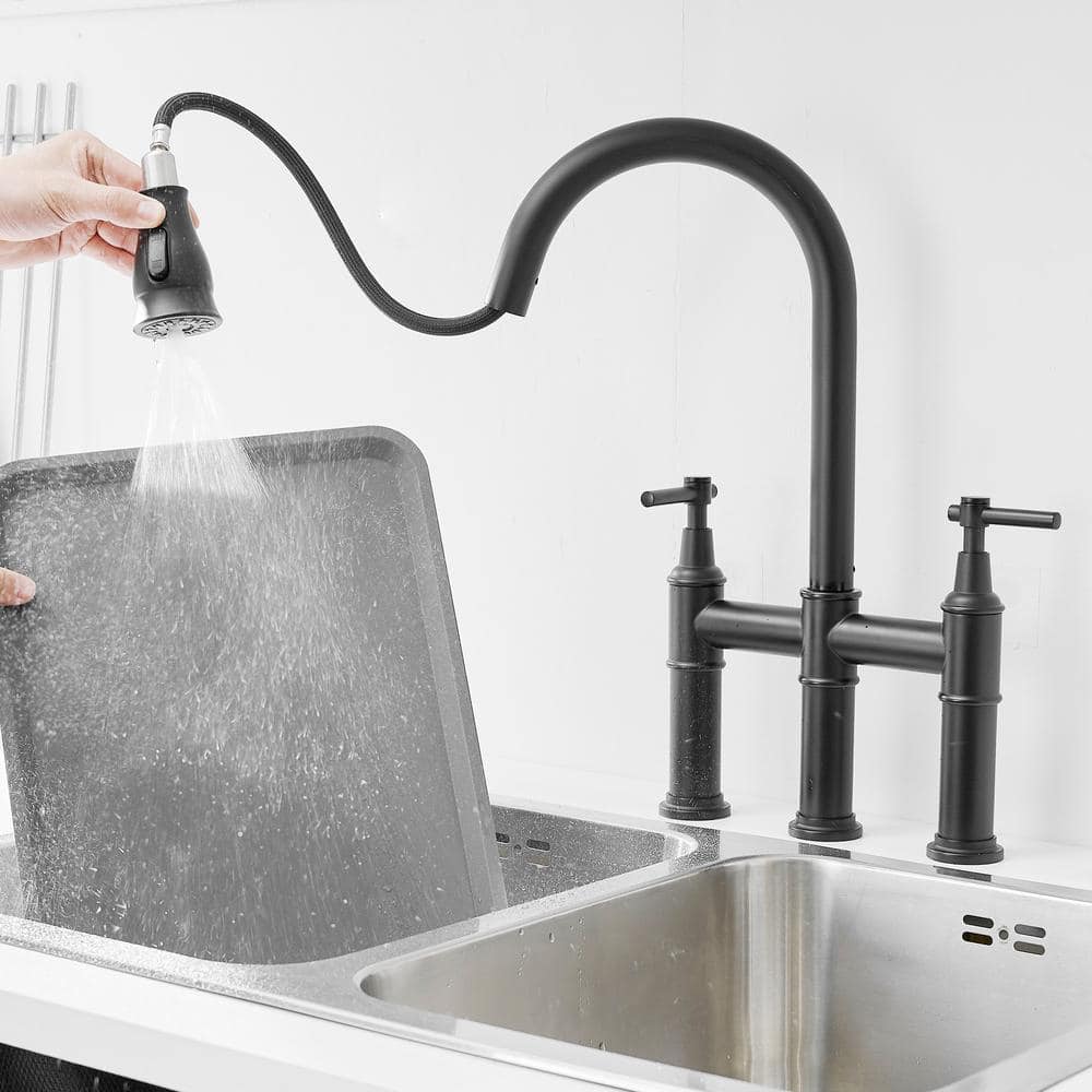 Double Handle Pull Out Sprayer Bridge Kitchen Faucet In Matte Black