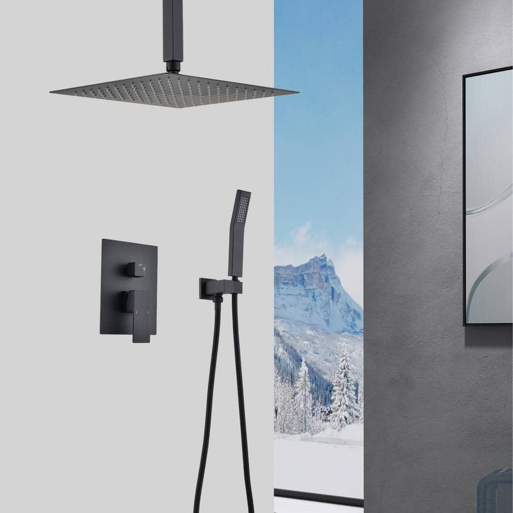 2-Spray 2.5 GPM Ceiling Mounted Dual Shower System Combo Set With Handheld And 10 In. Shower Head Matte Black