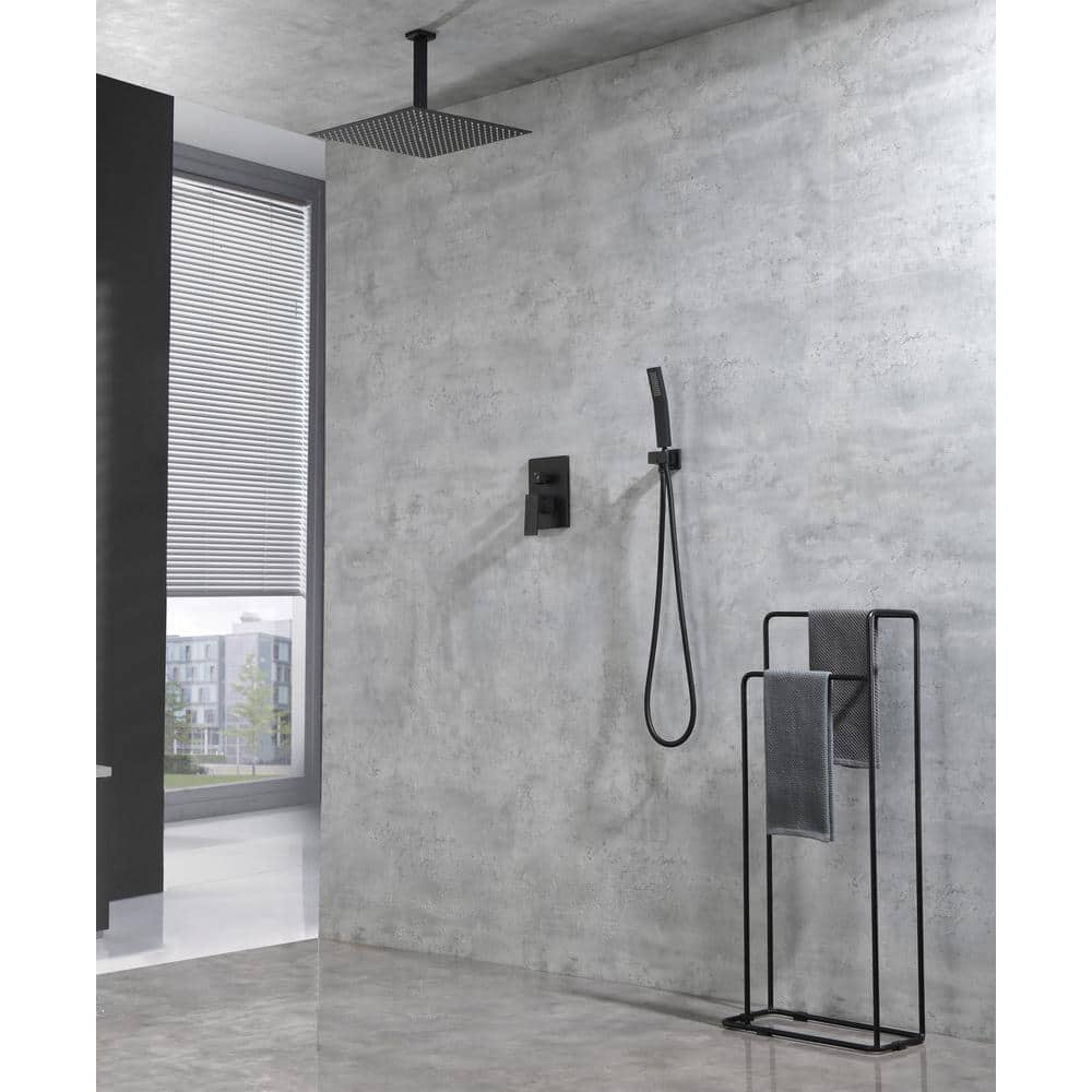 2-Spray Patterns Ceiling Mount Square Rainfall Dual Handheld Shower Head 2.5 GPM In Matte Black