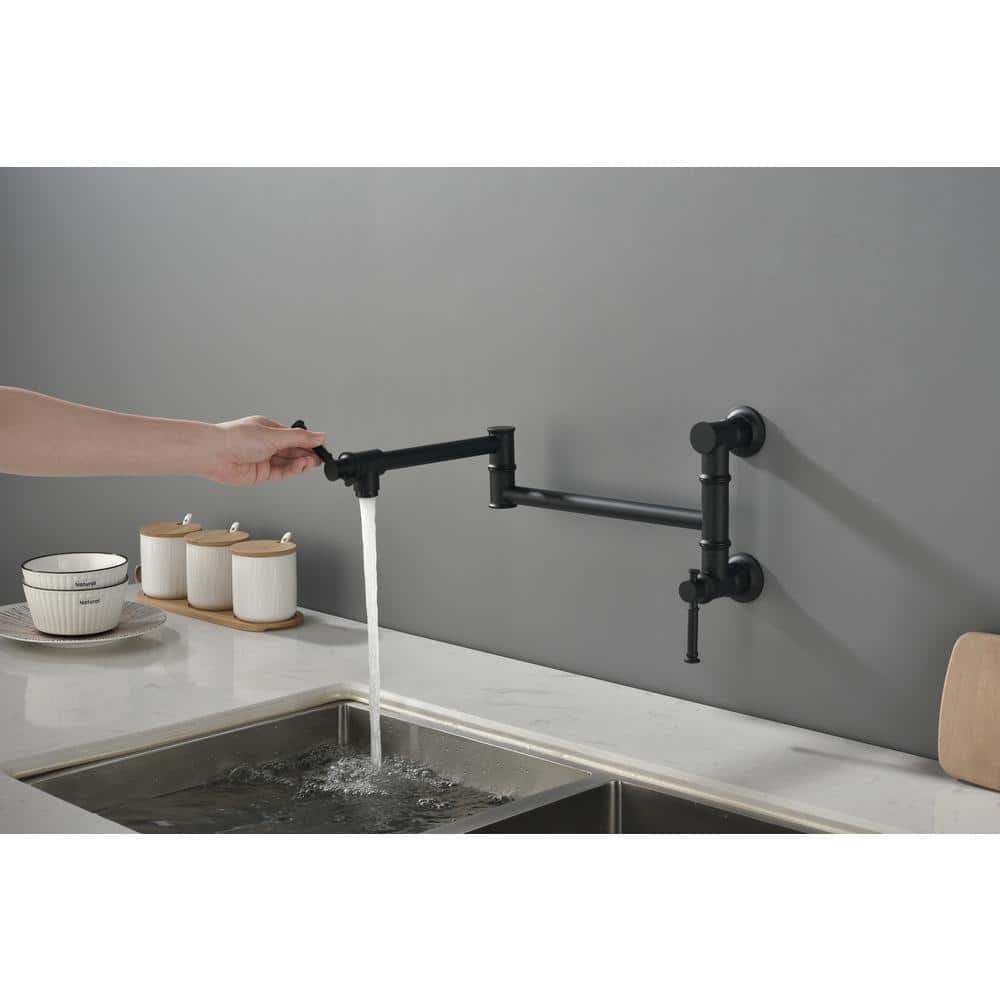 Wall Mounted Pot Filler Faucet, Modern Brass Pot Filler 2-Attachment In Matte Black