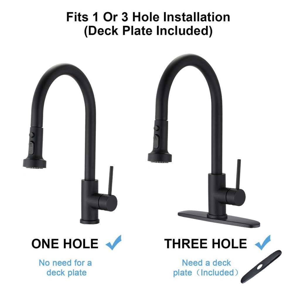 Single Handle Deck Mount Gooseneck Pull Down Sprayer Kitchen Faucet With Deckplate And Soap Dispenser In Matte Black