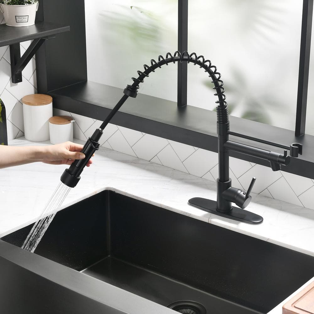 Single Handle Pull Out Kitchen Faucet Deckplate Included With Copper Pump Soap Dispenser In Matte Black