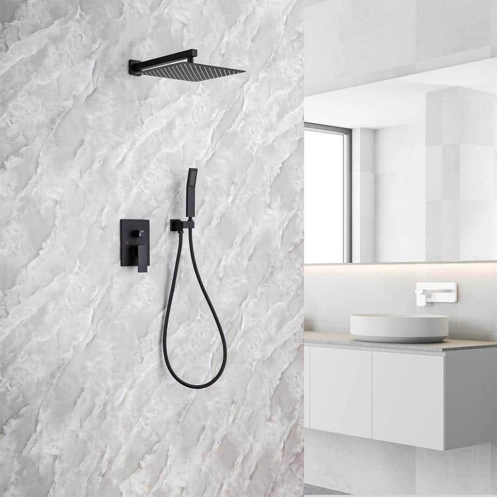 Single-Handle Rainfall 10 In. Square Shower Head Combo Set With High Pressure Wall Mounted In Matte Black