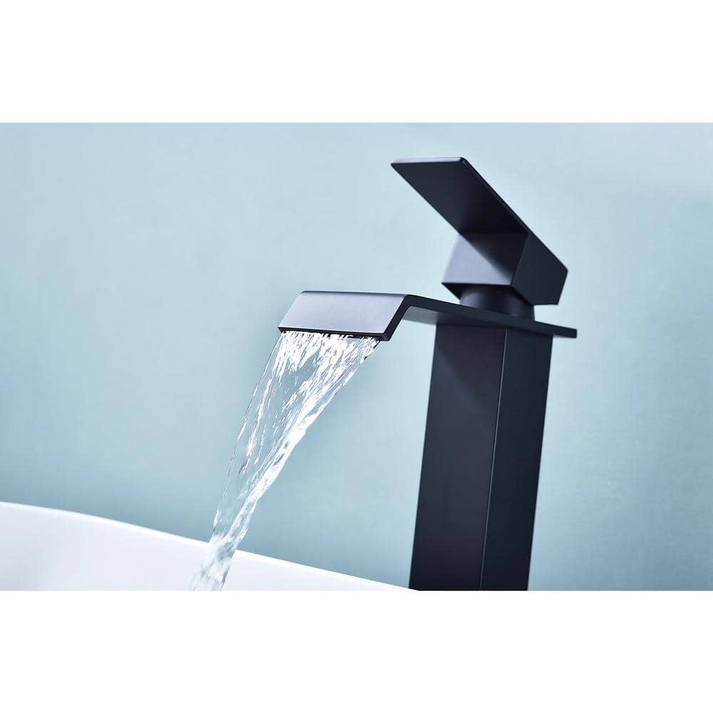Waterfall Spout Single Handle Bathroom Sink Faucet In Matte Black