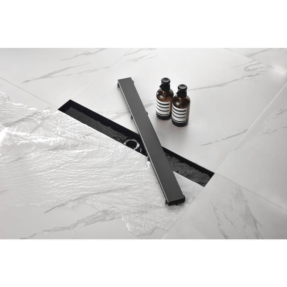 28 In. Linear Shower Drain With Removable Quadrato Pattern Grate In Matte Black