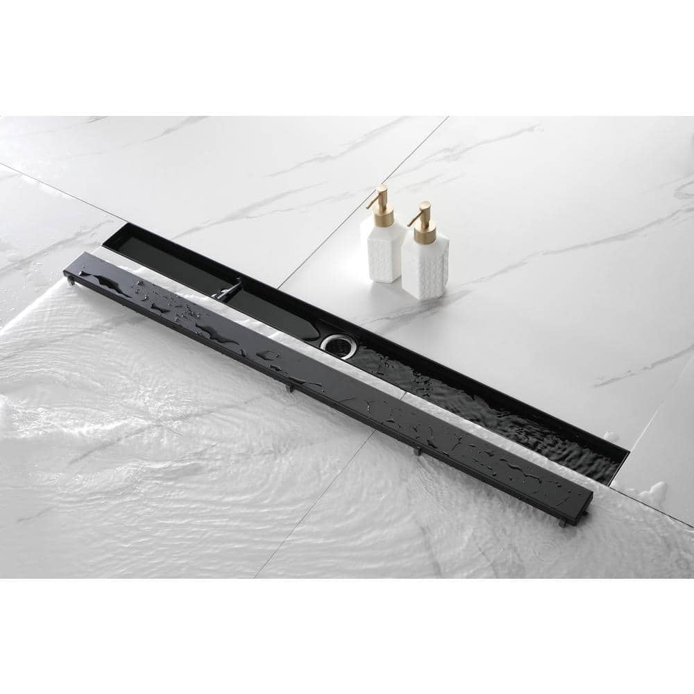 36 In. Linear Shower Drain With Removable Grate Stainless Shower Drain Included Hair Strainer In Matte Black