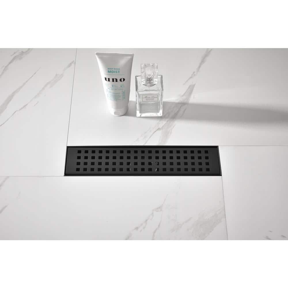 12 In. Linear Shower Drain With Removable Quadrato Pattern Grate, 304 Stainless Shower Drain In Matte Black