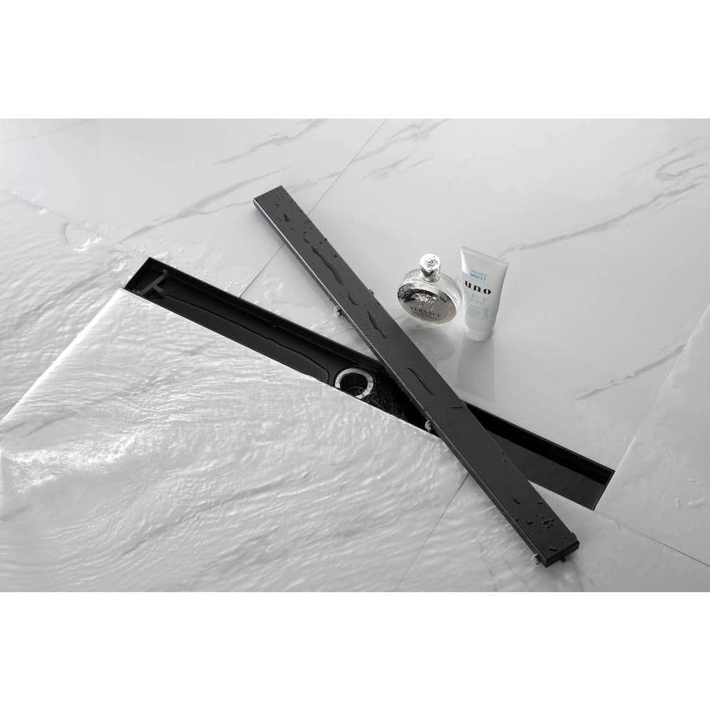 Linear Shower Drain With Removable Quadrato Pattern Grate, Included Hair Strainer And Leveling Feet In Matte Black