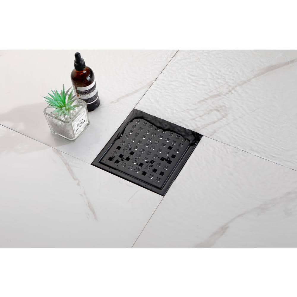 6 In. Square Shower Floor Drain Square Shower Floor Drain With Flange, Pattern Grate Removable In Matte Black