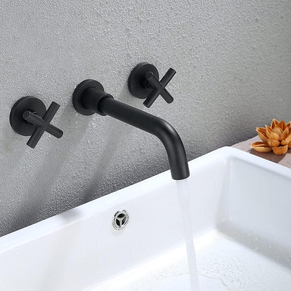 Double Handle Bathroom Faucet Wall Mounted Bathroom Sink Faucet In Matte Black