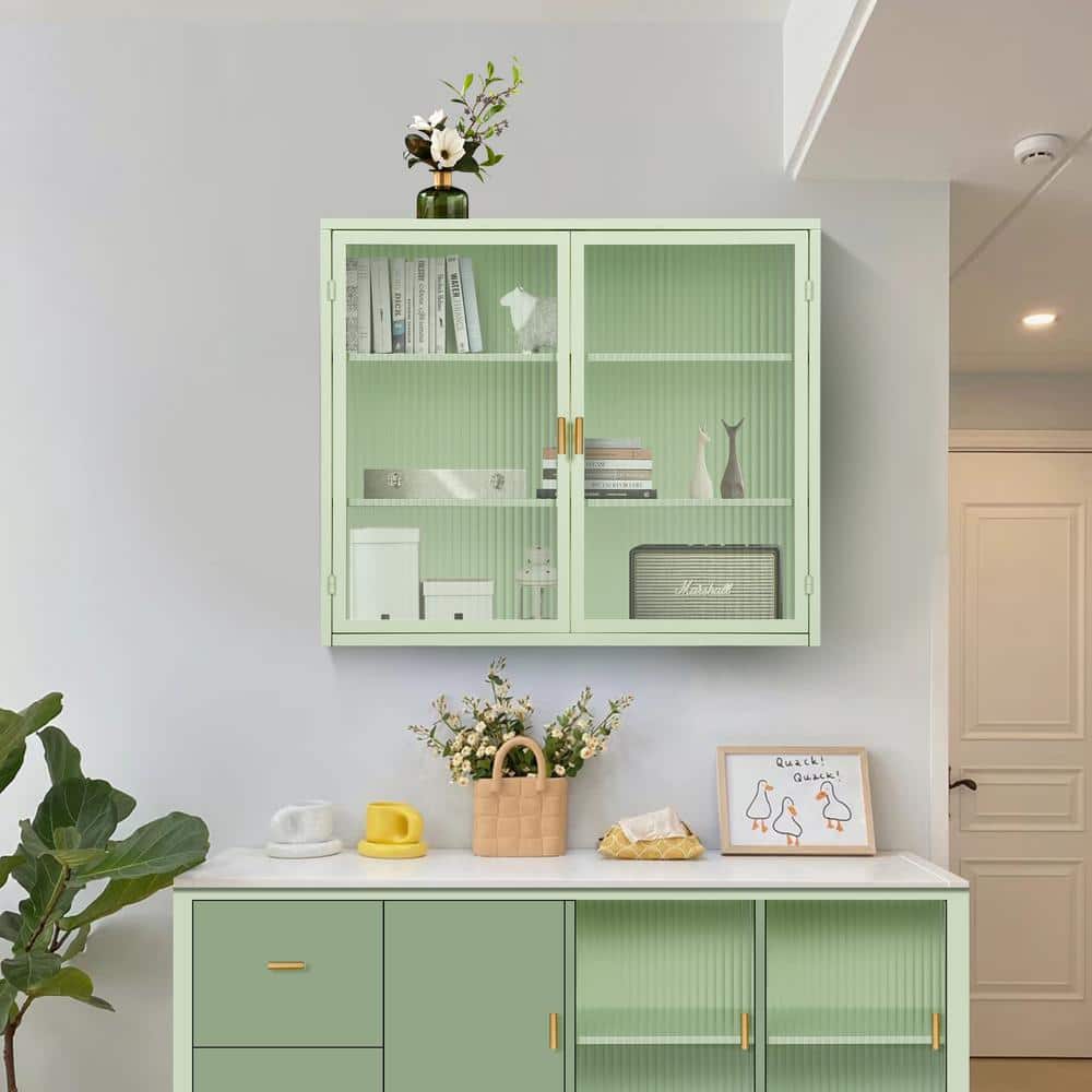 Modern Mint Green 3-Tier 2-Door Wall Cabinet With Glass Doors, 27.56 In. Ideal For Multiple Rooms