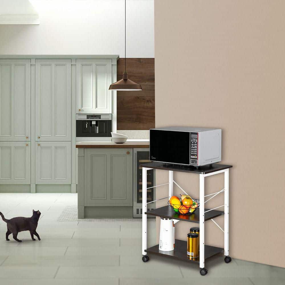 3-Tier White P2 MDF Microwave Cart With Black Board Top And Wheel