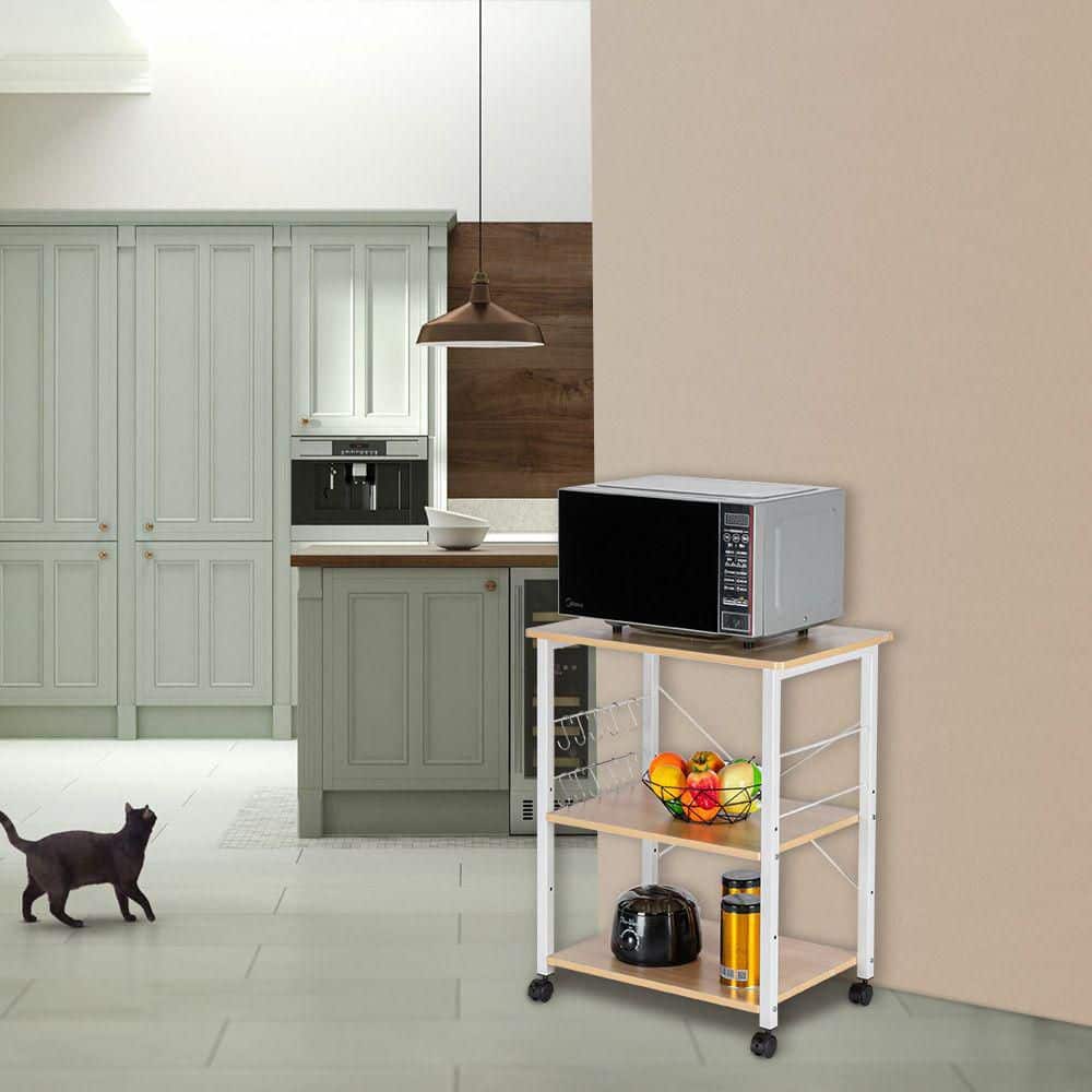 3-Tier White P2 MDF Microwave Cart With Vintage Board Top And Wheel