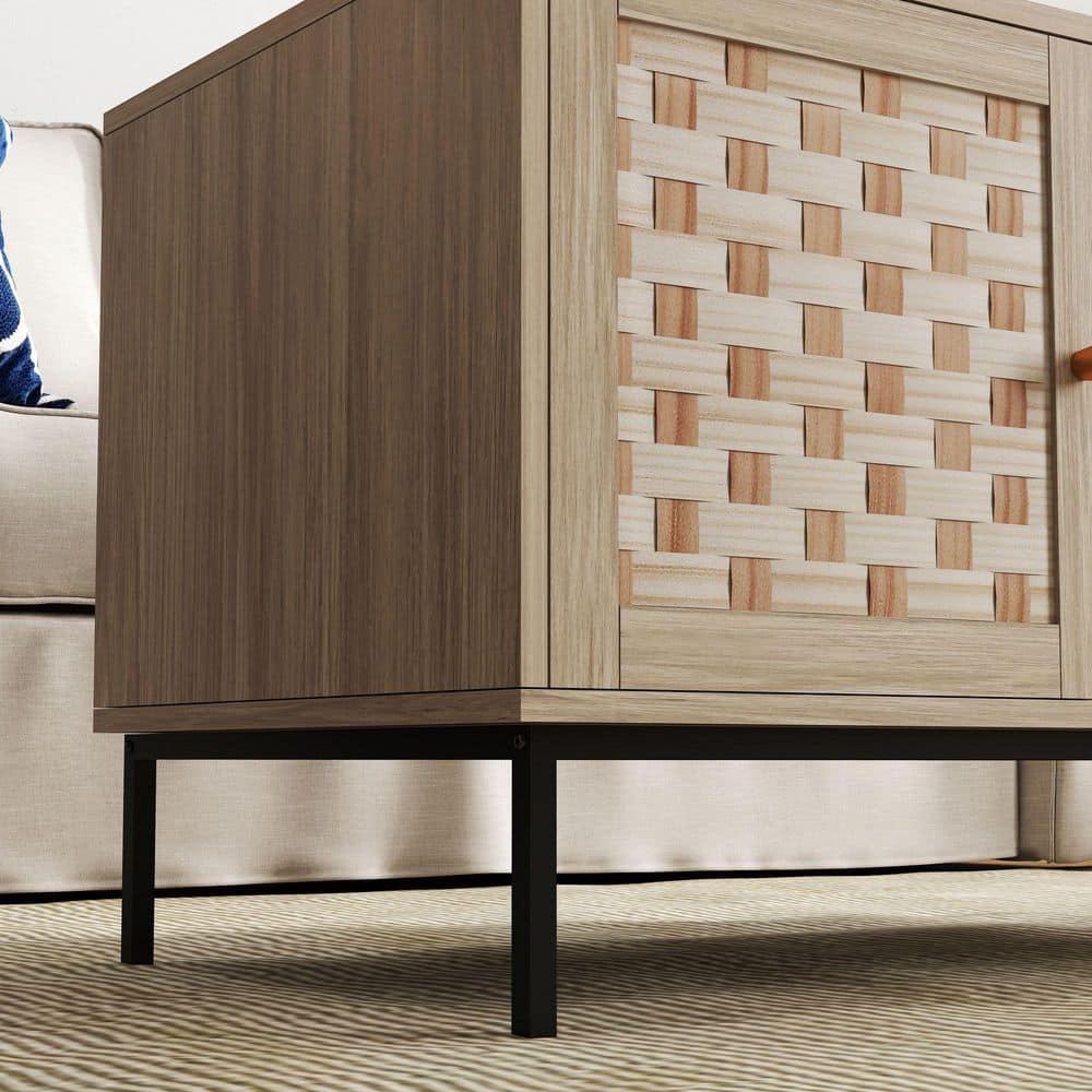 Veneer Weaving Coffee Table: 4-Sliding Doors, Rectangular Wooden Storage Cabinet In Natural
