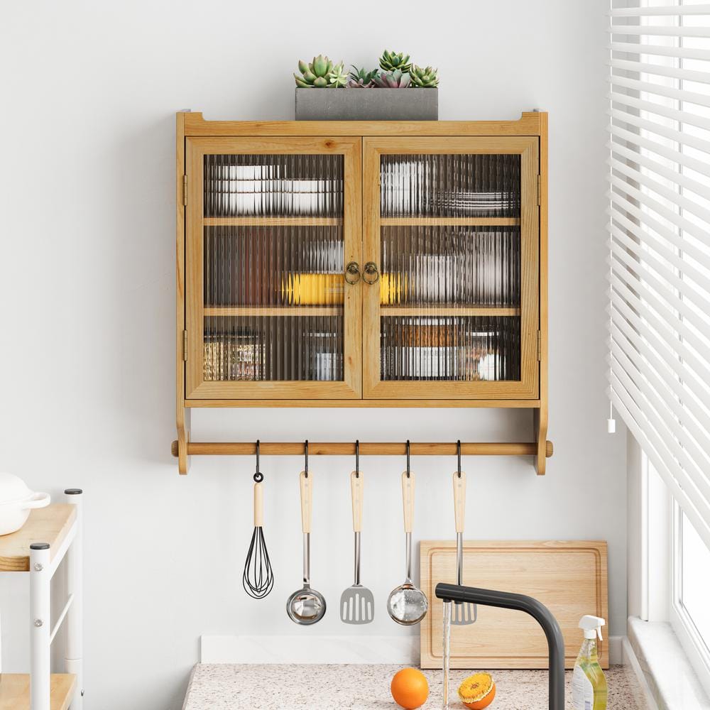 Vintage Glass Door Wall Cabinet With Storage & Towel Rack In Natural