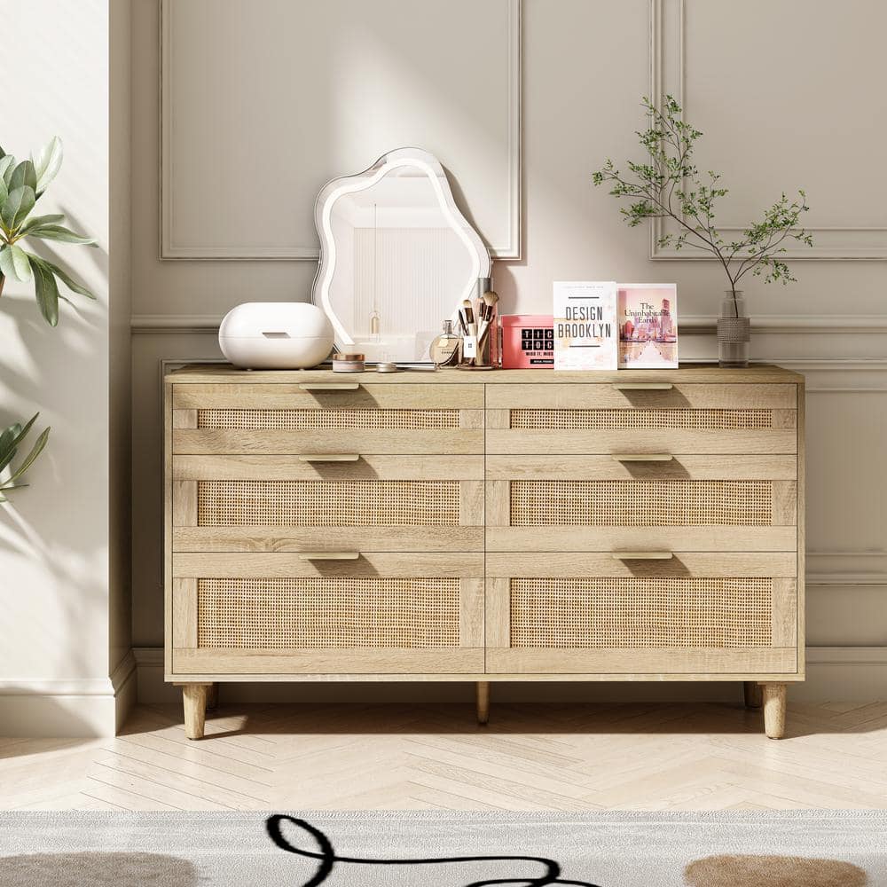 Natural Rattan 6-Drawer Dresser-Versatile Storage For Home