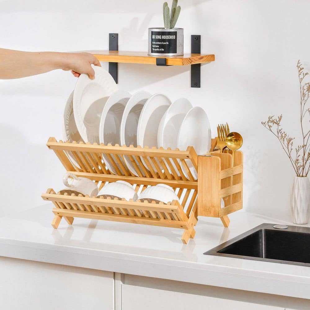 2 Tier Natural Bamboo Standing Foldable Dish Rack With Utensil Holder For Small Spaces