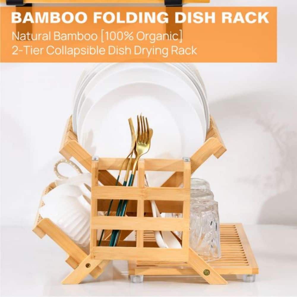 3-Tier Natural Wood Foldable Dish Rack For Small Kitchens And Apartments