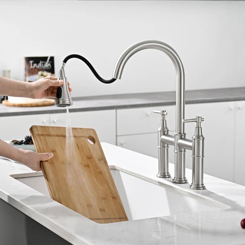 Double Handle Bridge Kitchen Faucet In Nickel