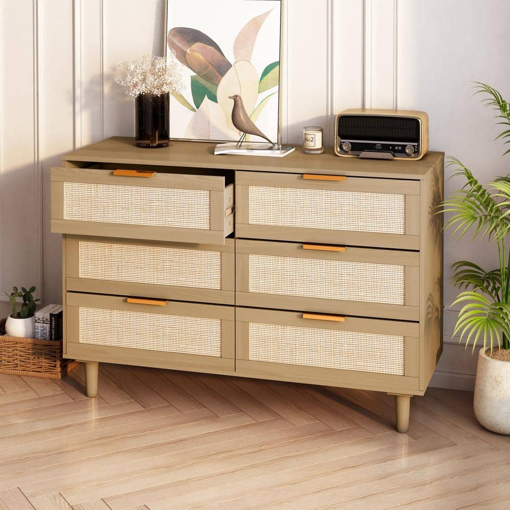 6 Drawers Rattan Dresser Rattan Drawer, Bedroom, Living Room In Oak
