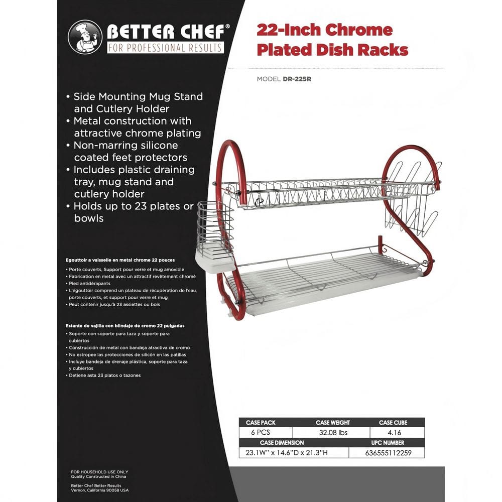 2-Tier Colored-Chrome Standing Dish Rack With Plastic Draining Tray, Mug Stand, And Cup Holder