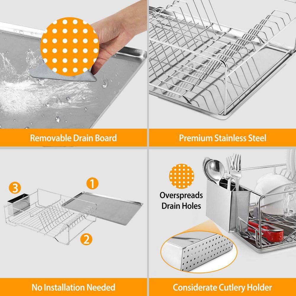 Silver Stainless Steel Standing Dish Rack With Drainboard For Kitchen Organize