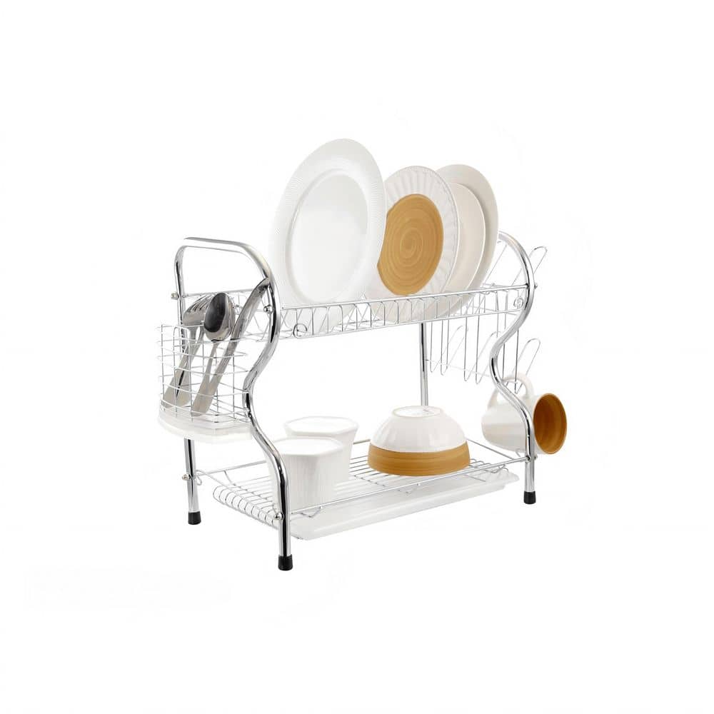 2-Tier Silver Chrome Standing Dish Rack With Plastic Draining Tray, Mug Stand, And Cutlery Holder