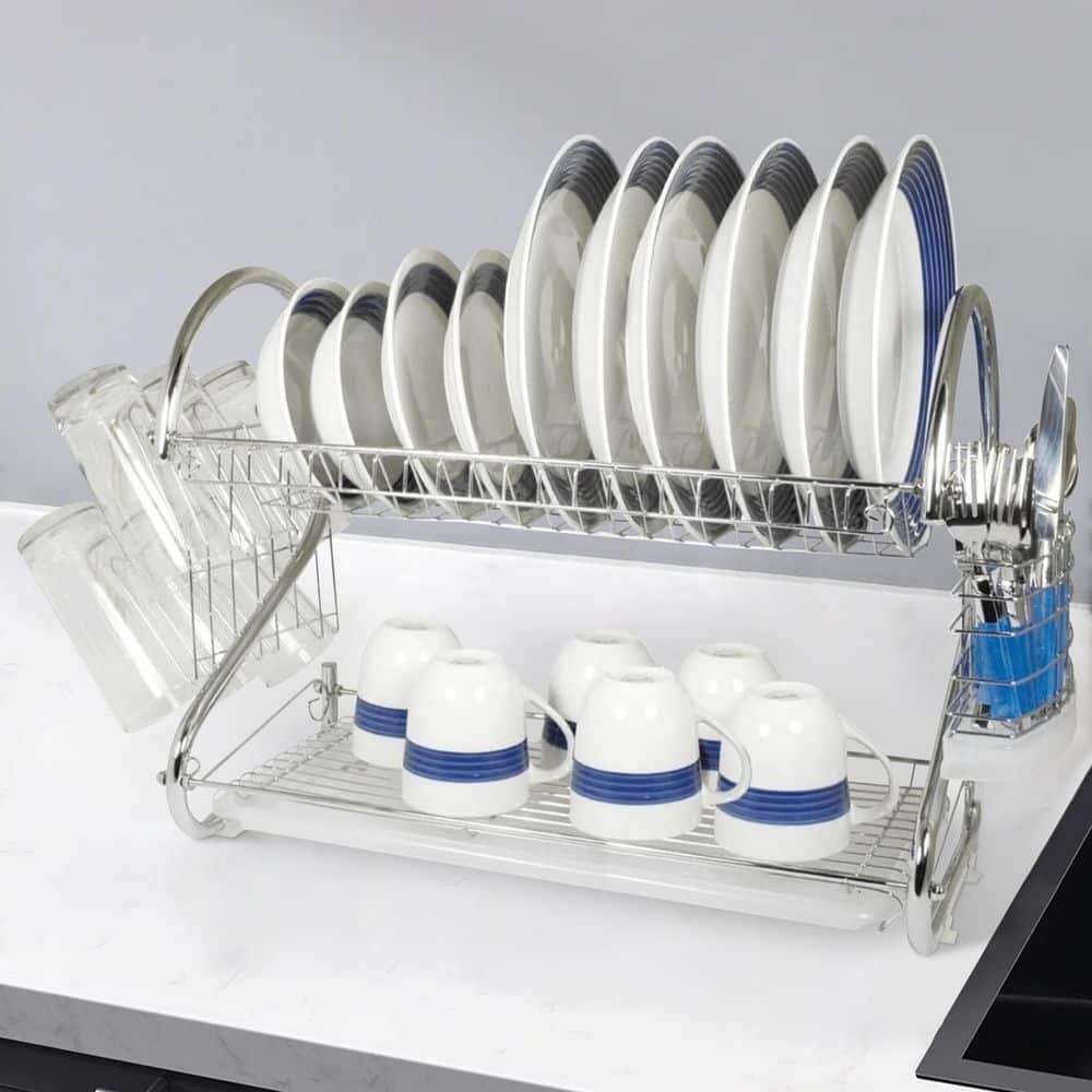 2 Tier Chrome S-Shaped Dish Rack With Side-Mounting Mug Stand And Cutlery Holder