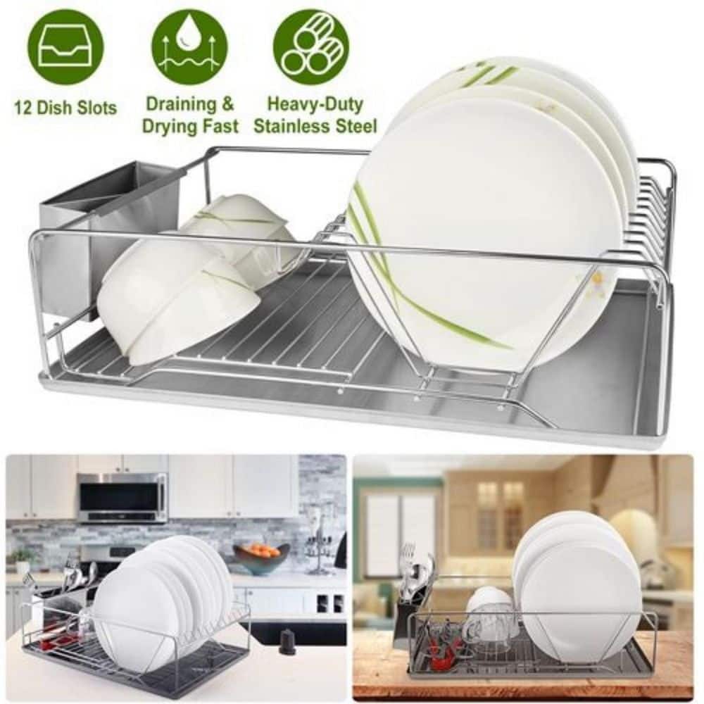 Silver Stainless Steel Standing Dish Rack With Drainboard For Kitchen
