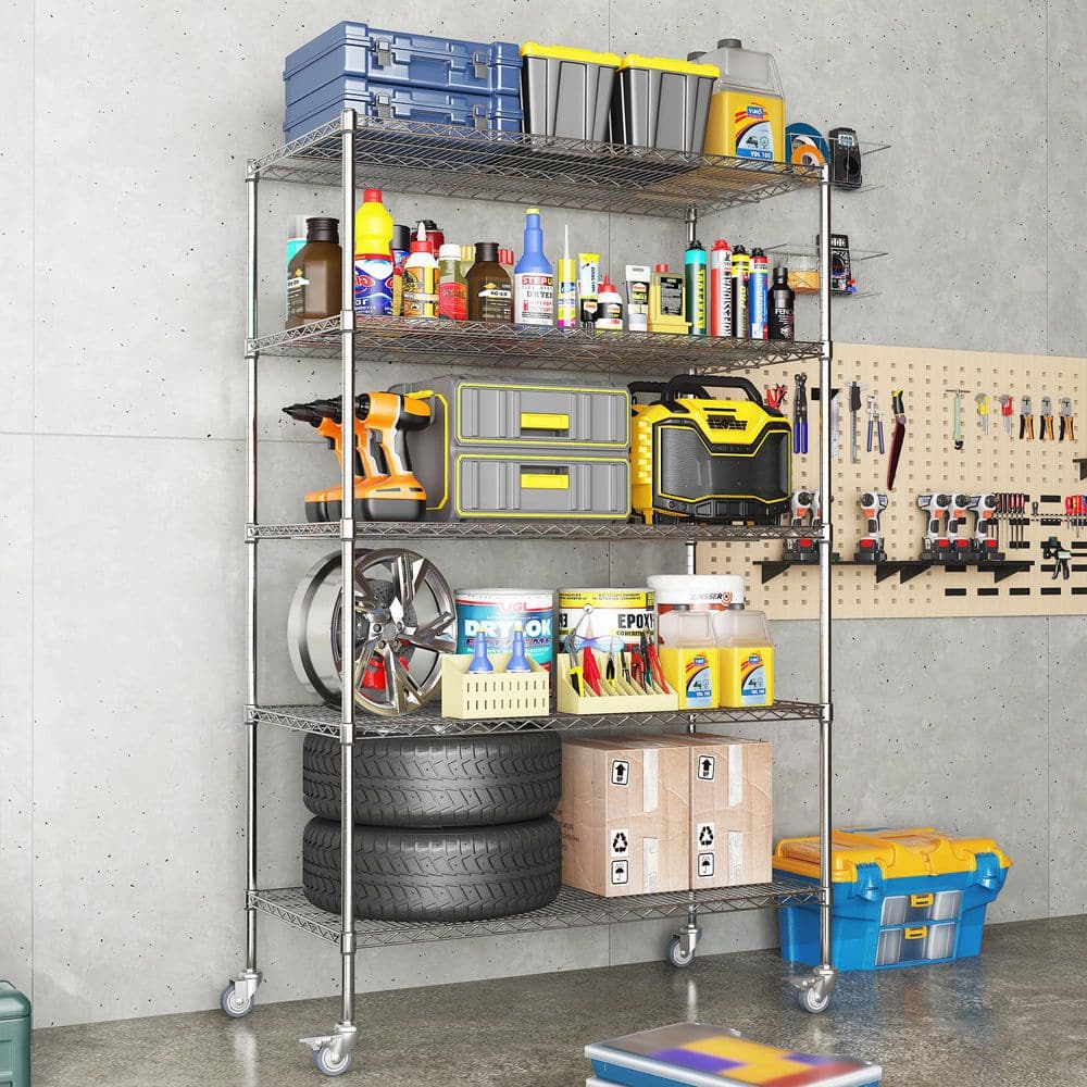 47 In. Heavy-Duty Adjustable Rolling Metal Shelf: 5-Tier Storage Solution For Kitchen, Closet And More In Silver