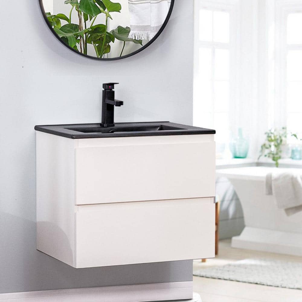 18 In. W X 19 In. H X 4.72 In.D Bath Vanity In White With MDF Vanity Top In Black With Black Basin