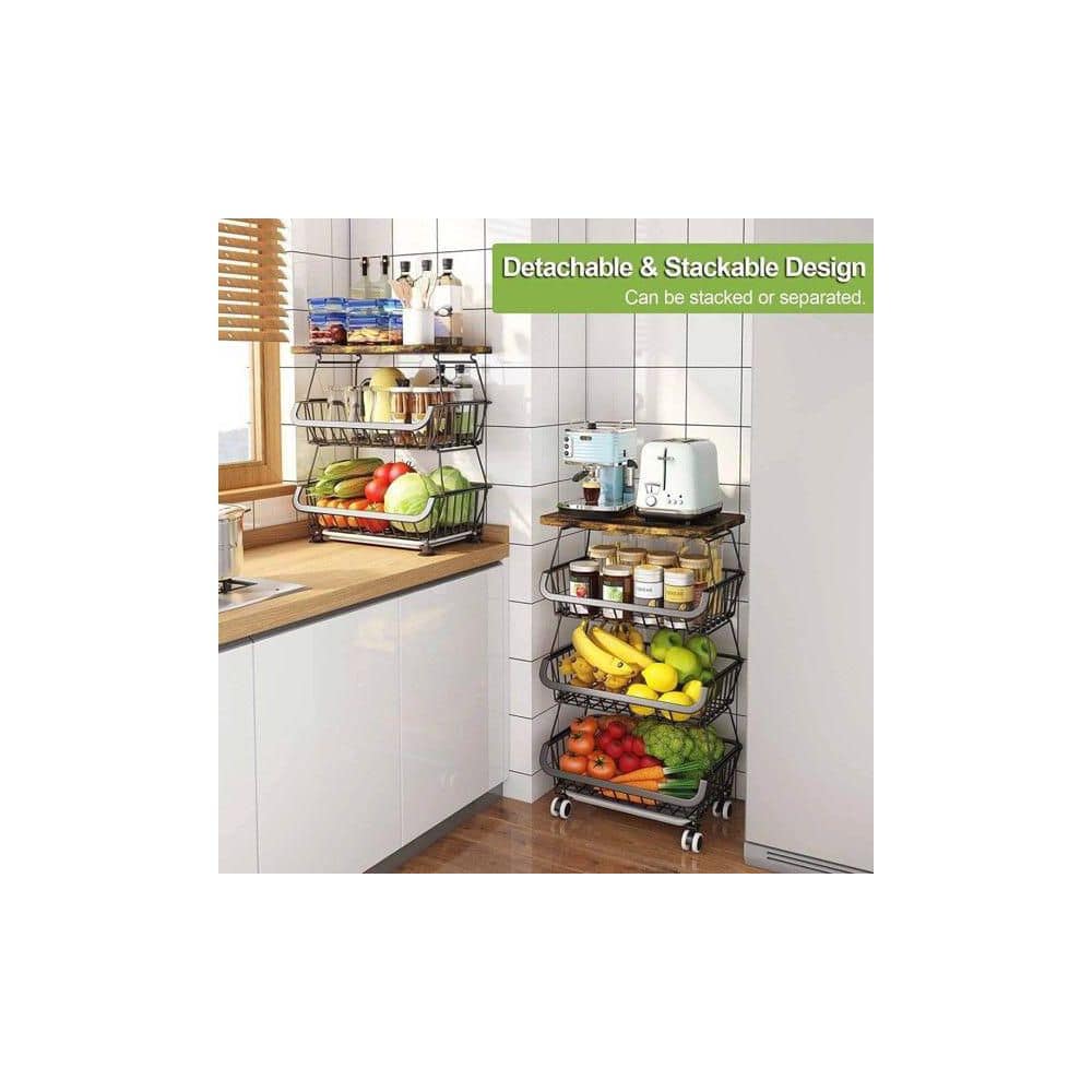 4 Tier Fruit Storage Basket, Fruit Vegetable Cart With Solid Wood, Kitchen Storage Rack With Rollers For Pantry