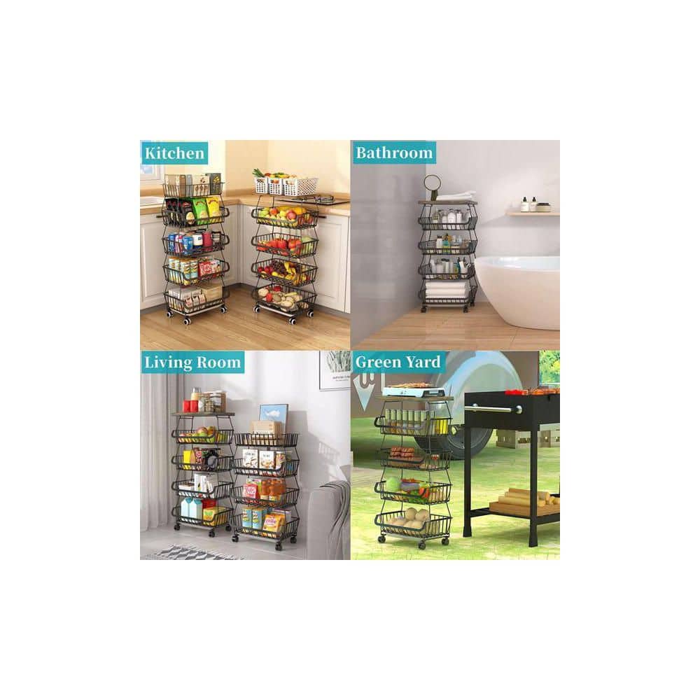 5 -Tier Fruit Basket For Kitchen Organizers And Storage, Stackable Metal Wire Basket Stand Cart With Wheels