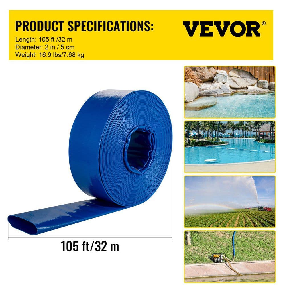 12.89 Ft 2" X 105' PVC Lay Flat Discharge Hose-Heavy Duty, Blue