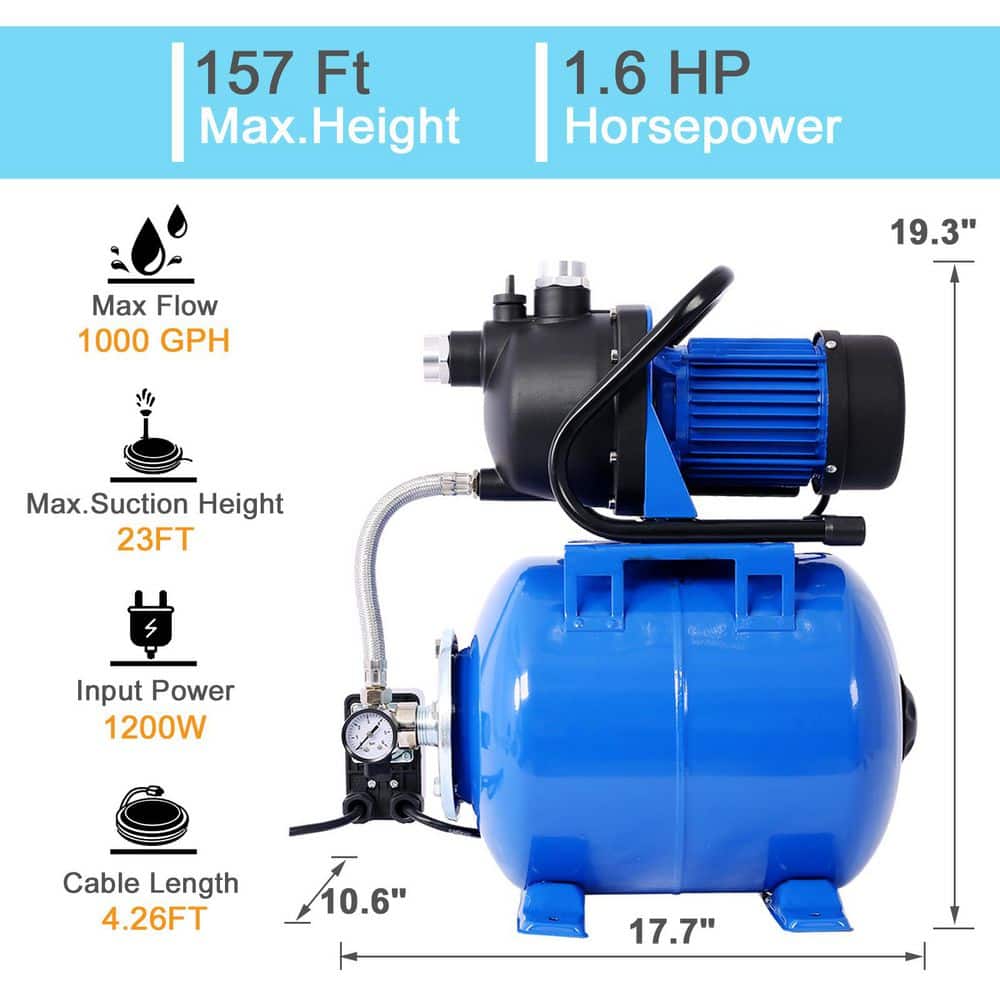 1.6 HP Shallow Well Pump With Pressure Tank-Garden/Irrigation Pump, Automatic Water Booster For Home/Lawn/Farm