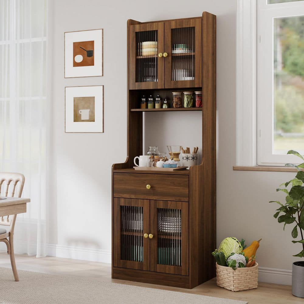 Farmhouse Kitchen Hutch Buffet Cabinet With Microwave Stand, Freestanding Buffet Sideboard Coffee Bar Cabinet In Walnut
