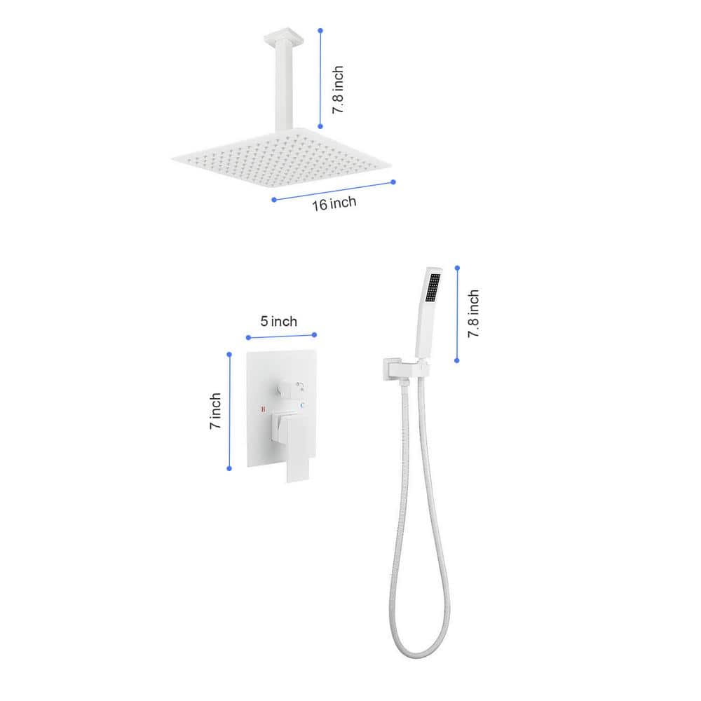 1-Spray 16 In. Dual Shower Head System Ceiling Mounted Shower 2.5 GPM In White