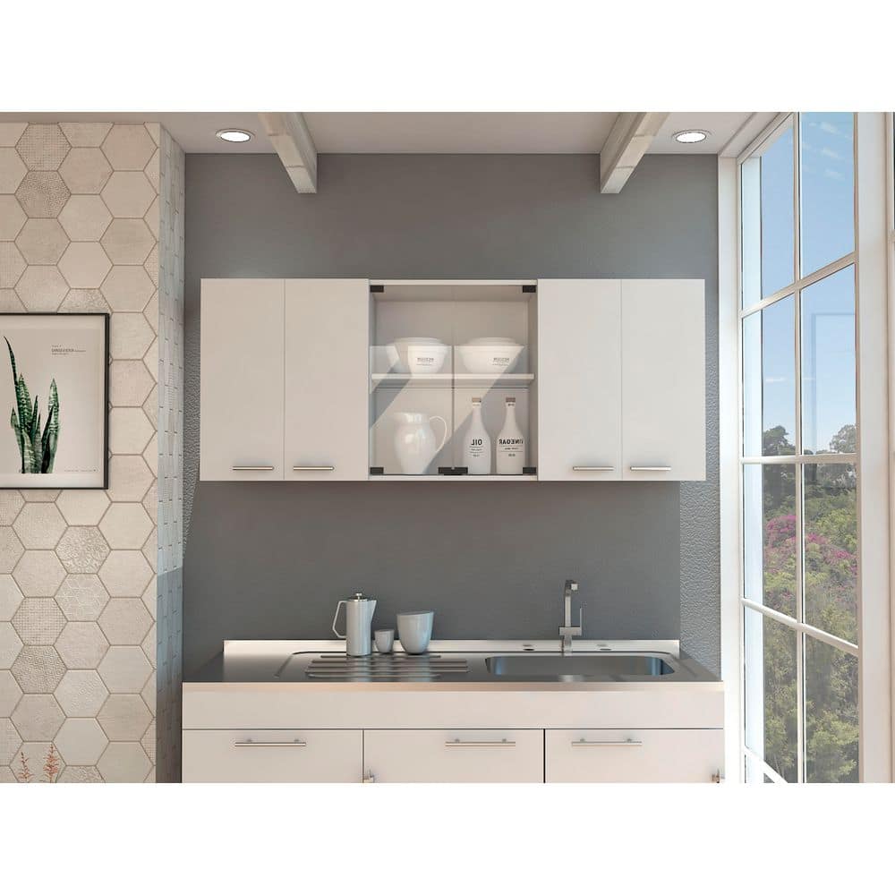 Superior 150-Wall Cabinet With Glass, Four Interior Shelves, Two Double Door-White