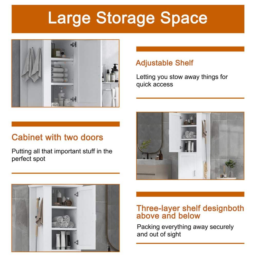 Tall Bathroom Storage Cabinet, Freestanding Storage Cabinet With Hook And Adjustable Shelf, MDF Board, White