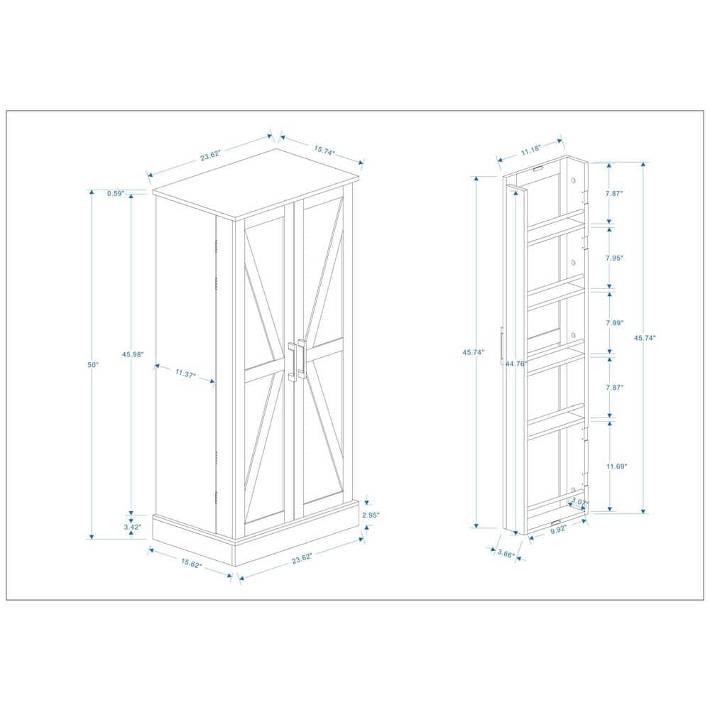50 In. LED-Lit Freestanding Kitchen Pantry Cabinet: 2-Door Sideboard With Racks And 2-Adjustable Shelves In White