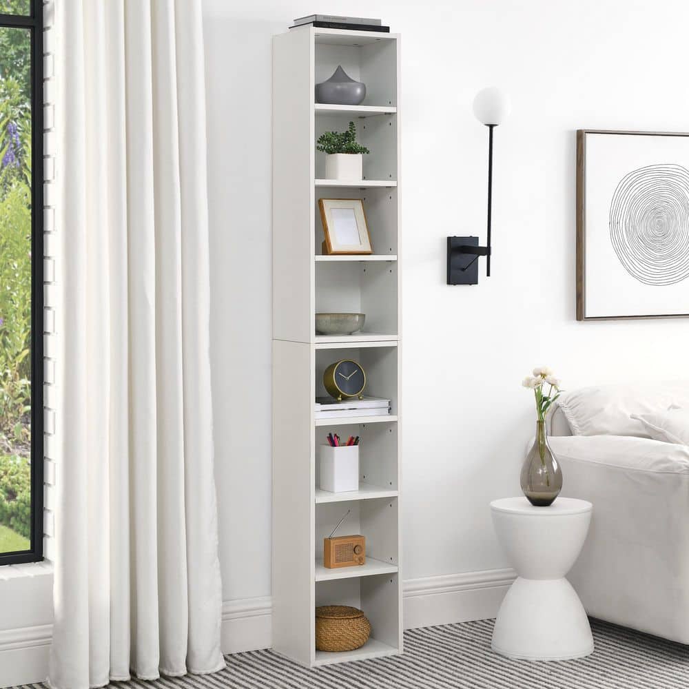 8-Tier Media Tower Rack – Slim CD/DVD Storage Cabinet With Adjustable Shelves In White