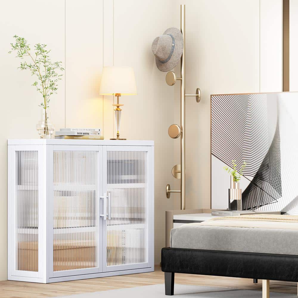 Retro Haze Double-Glass Door Cabinet With Removable Shelves-Versatile White Storage Solution