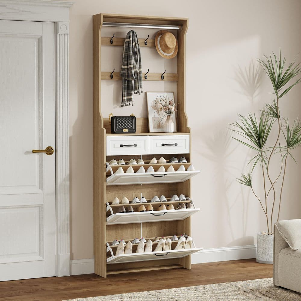 New Wooden Shoe Cabinet, 3-Doors And 2-Drawers, Equipped With Hangers And Spacious Storage Space In White